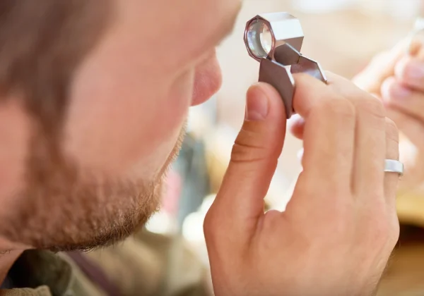 A jeweler examining a ring through a loupe