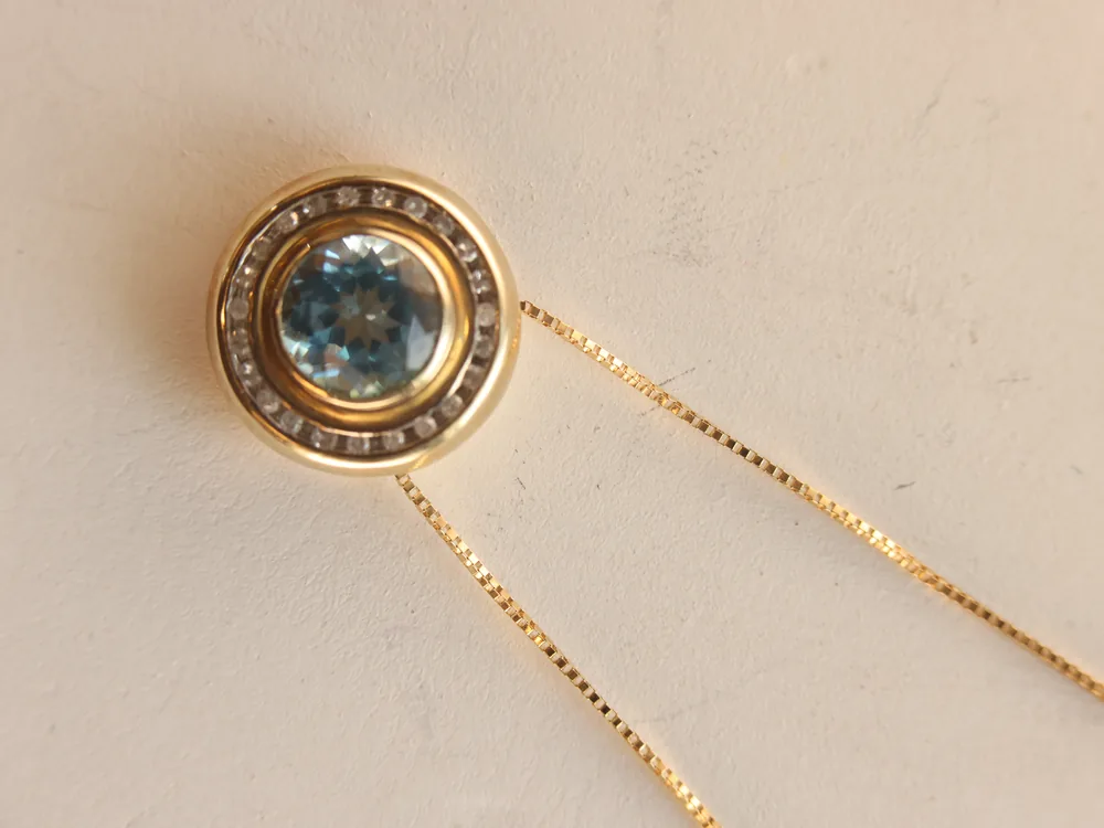 A round pendant with a blue stone on a thin gold chain