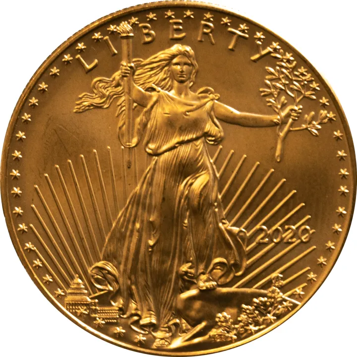 Obverse of a 2020 American Gold Eagle coin showing Liberty striding with a torch and olive branch