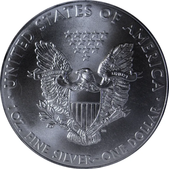 Reverse of an American Silver Eagle coin showing a heraldic eagle with shield, stars, and banners reading E Pluribus Unum