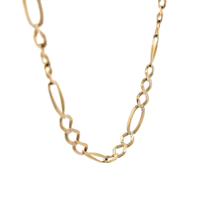 Close-up of a gold chain necklace with alternating oval and twisted links on a white background
