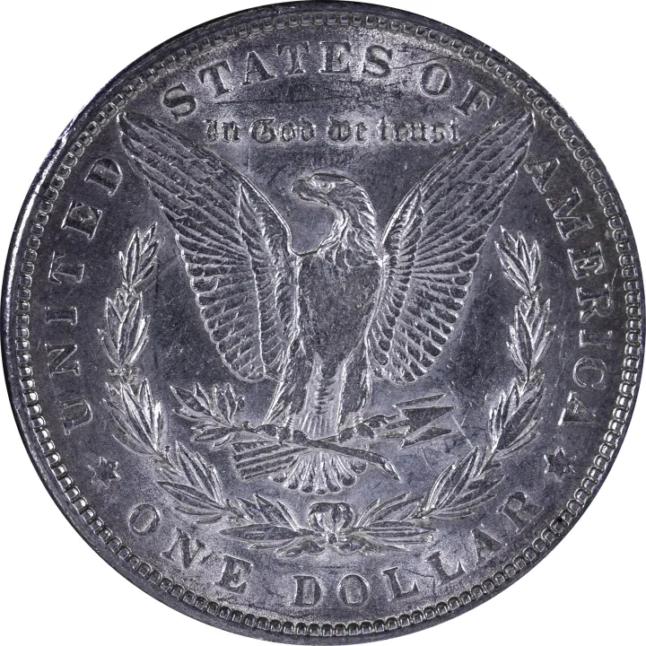 Reverse side of a Morgan silver dollar showing an eagle with spread wings holding an olive branch and arrows