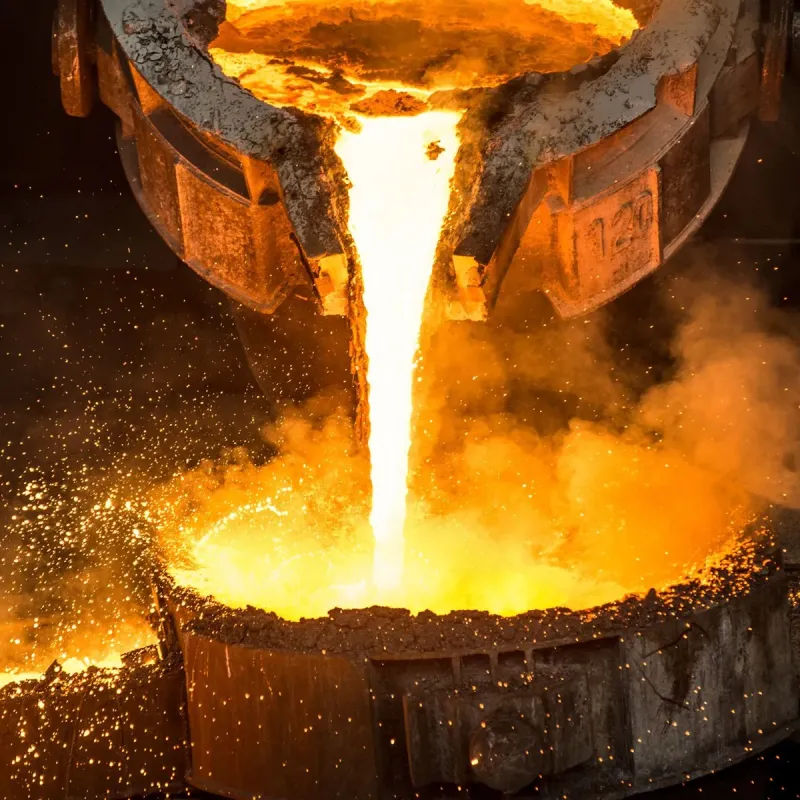 Molten metal being poured from a furnace ladle during precious metals refining.