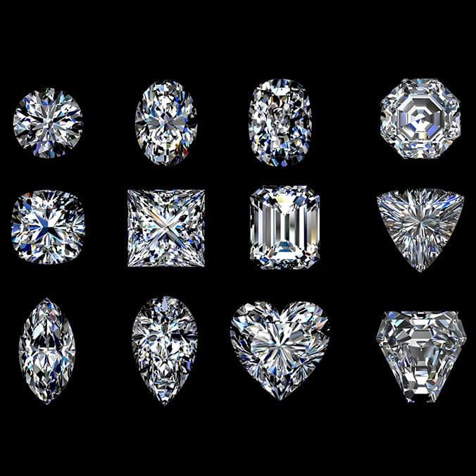 Diamonds shown in every cut — round, oval, cushion, asscher, princess, emerald, trillion, marquise, pear, heart, and radiant