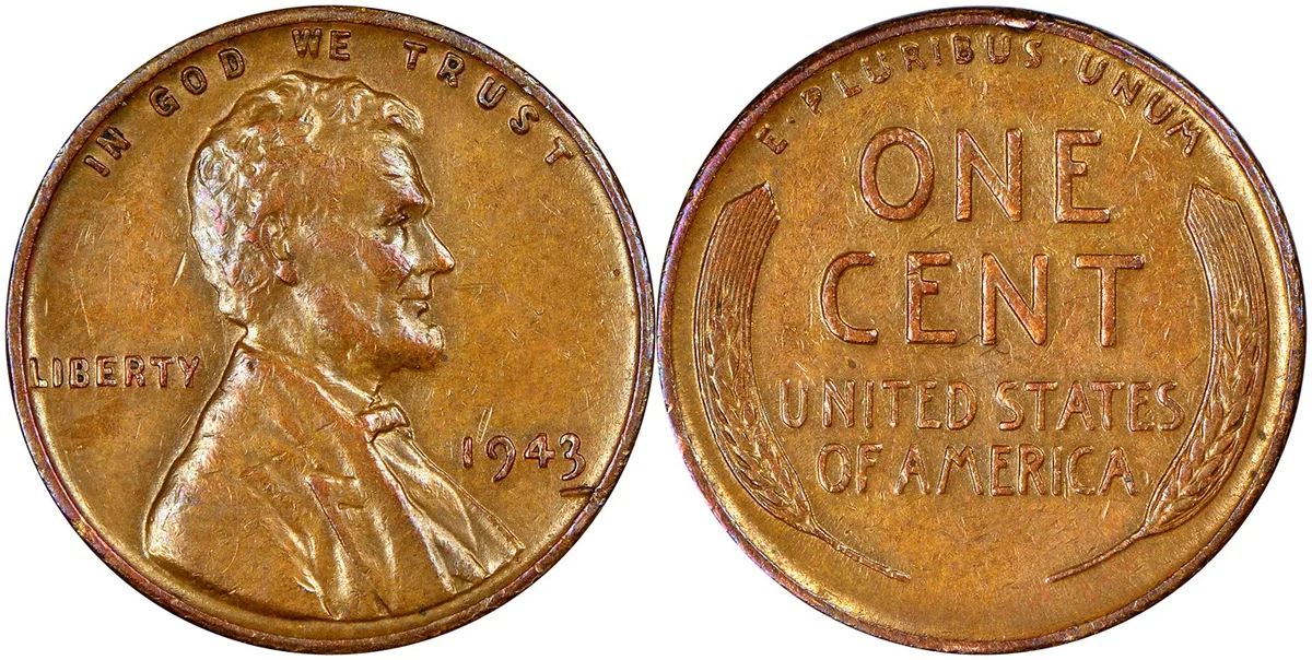Front and back of the Don Lutes Jr. 1943 copper wheat penny, a 1943 Lincoln cent struck by mistake on a bronze blank