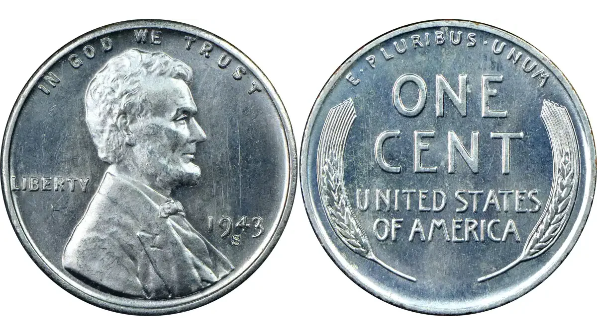 Front and back of a 1943-S steel wheat penny in uncirculated condition