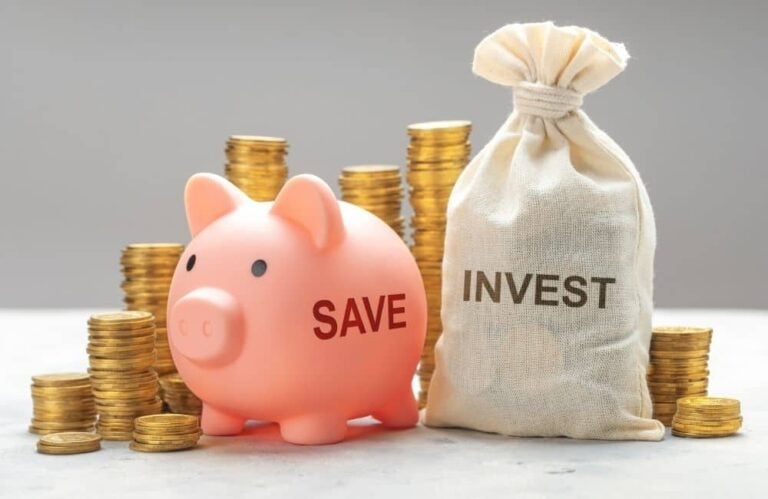 Pink piggy bank with "SAVE" text, gold coins, and a money bag labeled "INVEST".