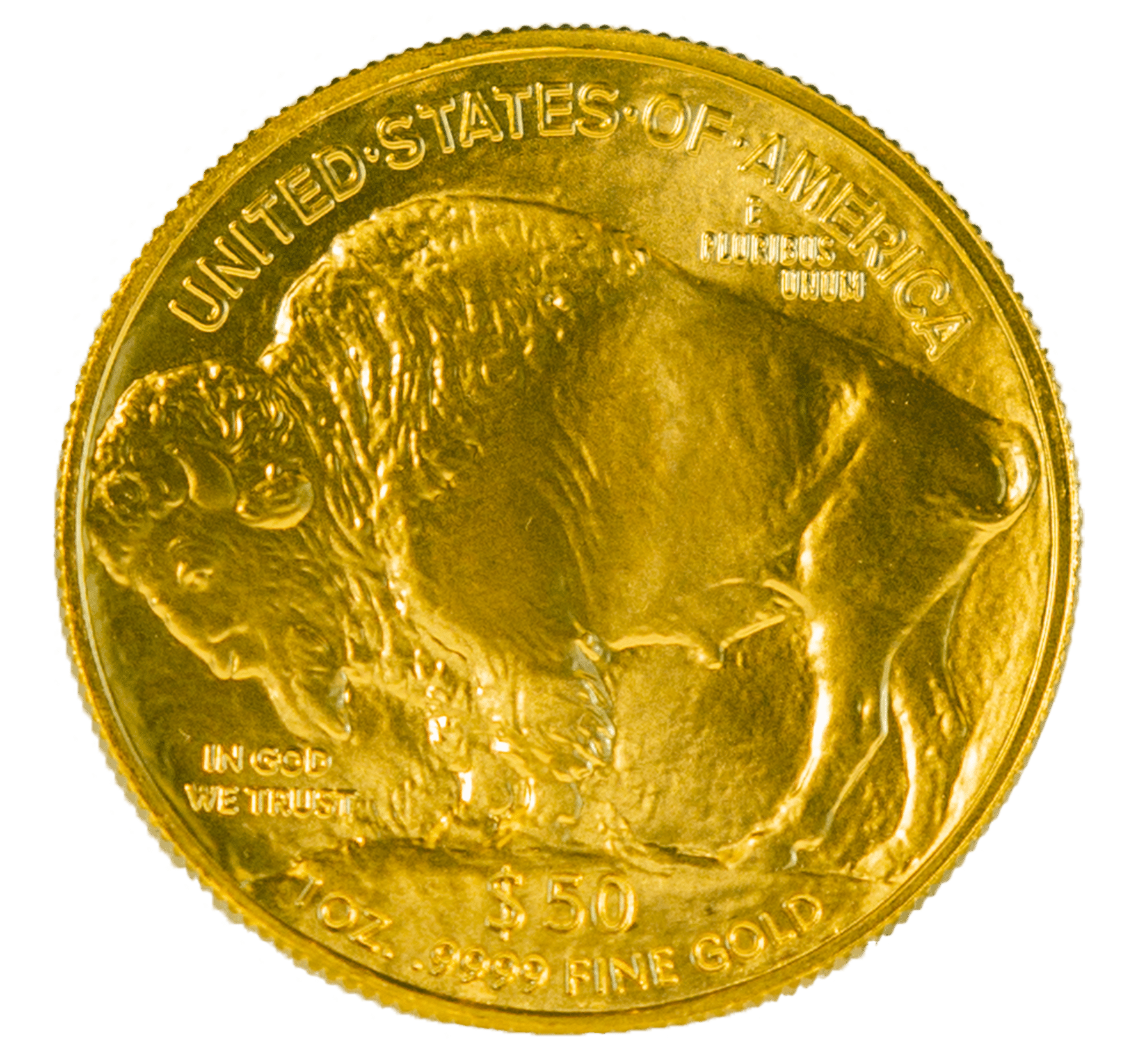 1-ounce Gold Buffalo coin resting on a reflective surface.