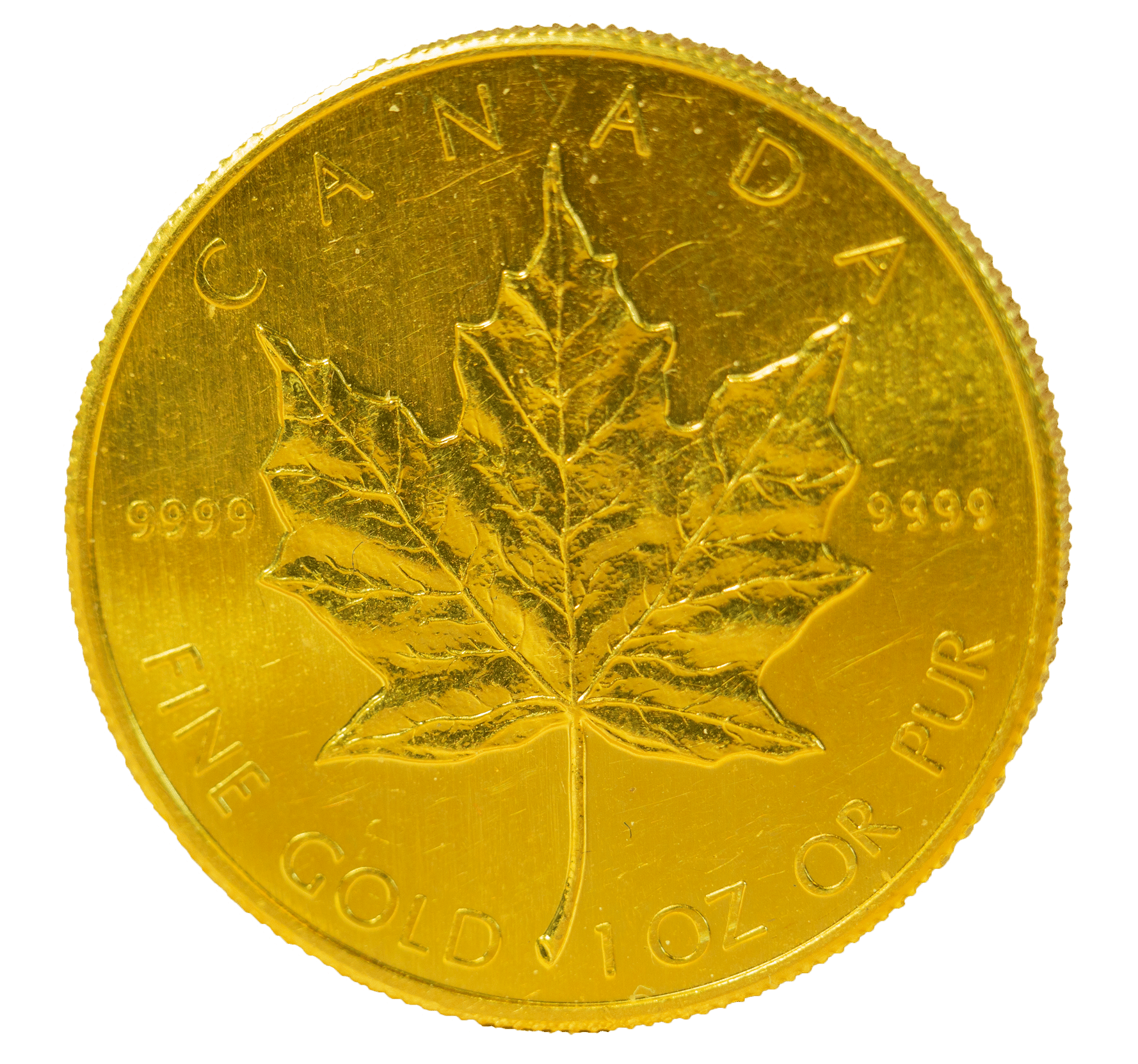 1-ounce Gold Maple Leaf coin on a velvet surface.
