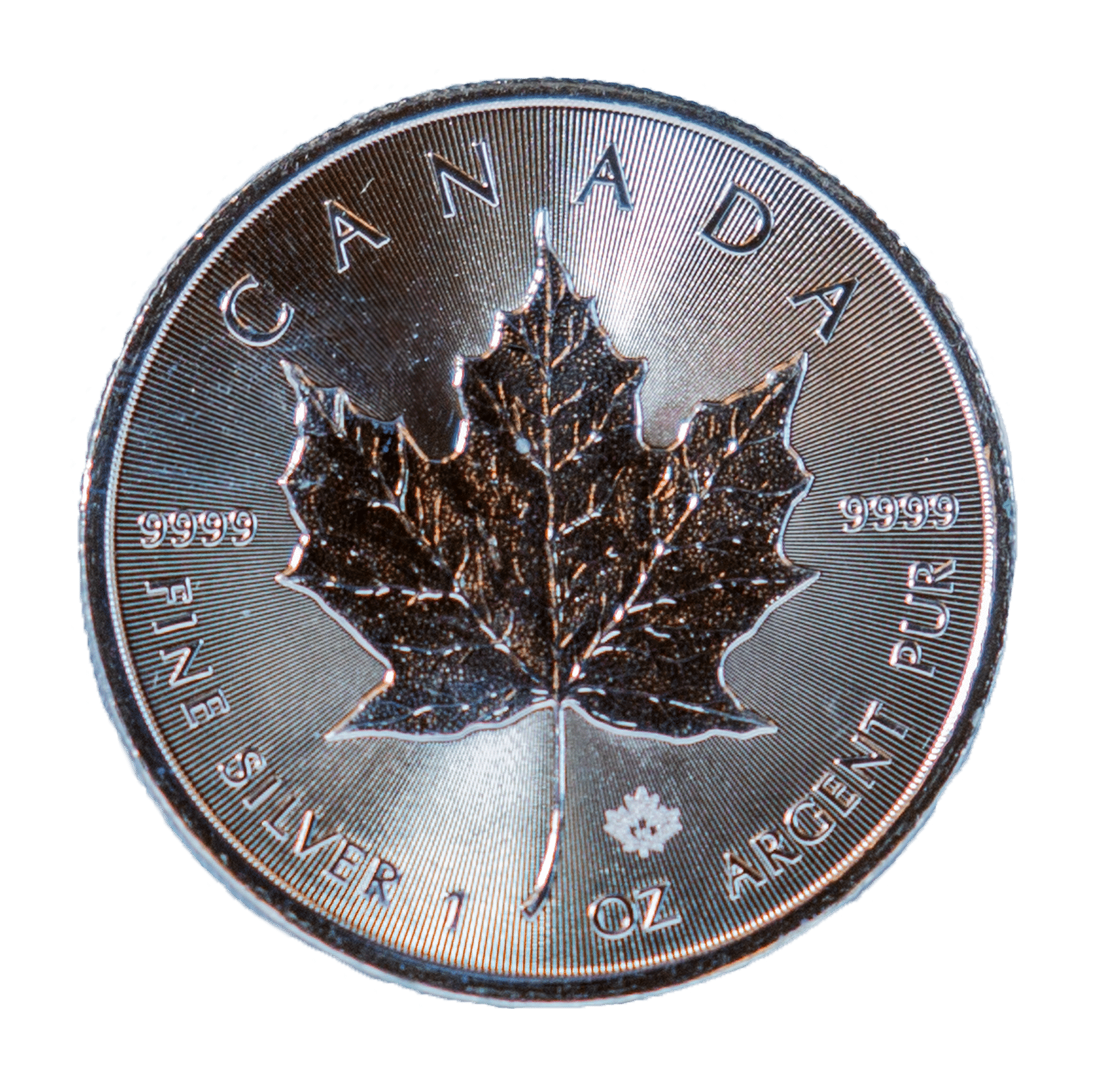 1-ounce Silver Maple Leaf coin, gleaming against a dark background.