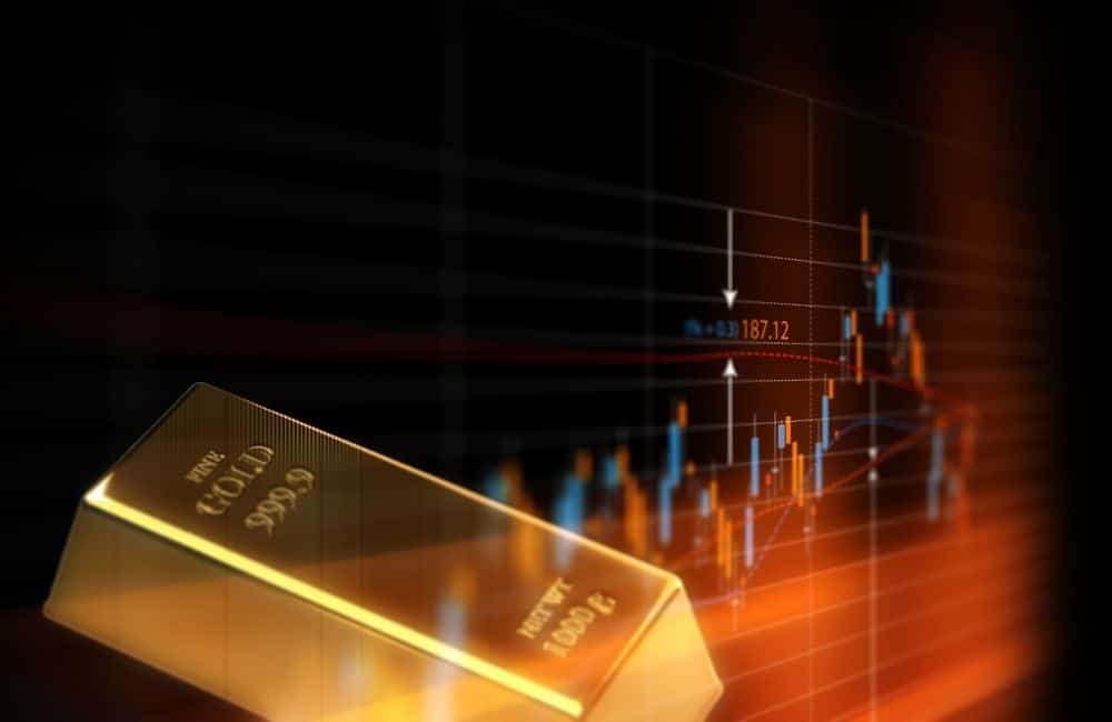 An image of a gold bar in front of a stock chart.
