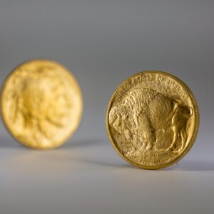 Two gold coins with a buffalo on them.