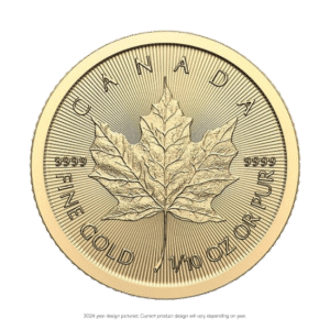 A canadian gold maple leaf coin featuring a detailed maple leaf design with the inscriptions "9999 fine gold 1/10 oz or pur" around the border, dated 2024.