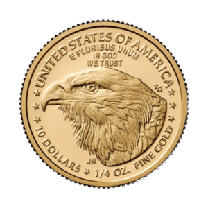 An American Gold Eagle coin displaying the phrase "United States of America" with an eagle, valued at 100 dollars and weighing 1/4 oz.