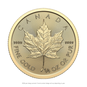 A 2024 canadian gold maple leaf coin featuring a detailed maple leaf and inscriptions about its purity and 1/4 oz weight.