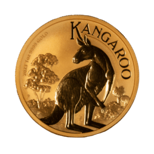A 1 oz Gold Kangaroo coin on a black background.
