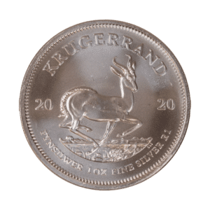 A 1 oz silver krugerrand coin with a springbok.