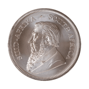 A 1 oz Silver Krugerrand coin with a portrait of South African statesman Paul Kruger.