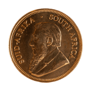 A 1 oz Gold Krugerrand coin with a portrait of South African statesman Paul Kruger.