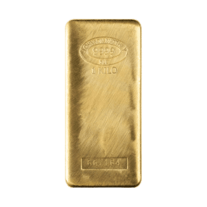 A one kilogram gold bar engraved with identifiers and purity marks from various mints.