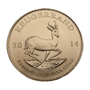 A 1 oz gold krugerrand coin featuring a springbok antelope on a textured background, with inscriptions about its gold content and year.