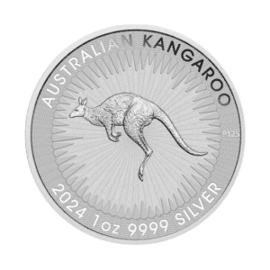 2024 australian kangaroo silver coin featuring a detailed engraving of a kangaroo mid-jump, surrounded by radial lines and text indicating its composition and origin.