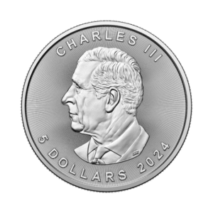 Side profile of Charles III on a 1 oz Silver Canadian Maple Leaf coin dated 2024, set against a green background.