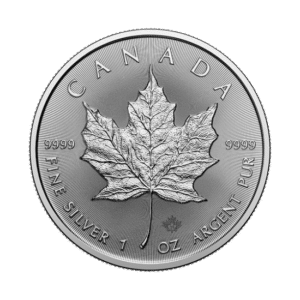 A silver canadian coin featuring a detailed maple leaf design with inscriptions "canada," "2024," and "fine silver 1 oz argent pur.