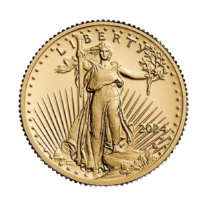 Gold coin featuring lady liberty holding branches and a torch, with stars and the date "2024".