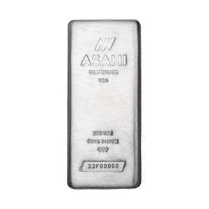 A 100 oz asahi silver bar from asahi refining, featuring the logo, purity details, and a serial number on its surface.