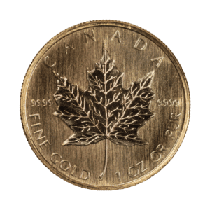A 1 oz Canadian Gold Maple Leaf on a white background.