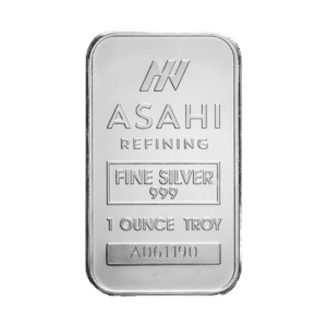 A 1 oz asahi mint fine silver bar, marked 999 purity, with a serial number.