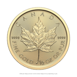 A canadian gold maple leaf coin featuring a detailed maple leaf and inscriptions indicating its purity and weight, issued in a random year.
