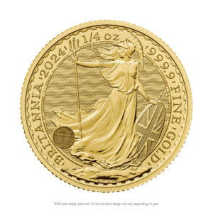A 2021 great britain gold britannia coin depicting the figure of britannia holding a trident and shield, surrounded by a decorative border with the coin's weight and purity.