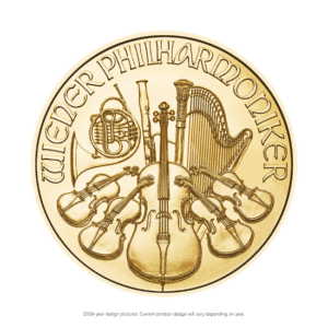 Gold coin featuring an embossed design of various orchestral instruments with the text "wiener philharmoniker" around the edge, identified as a philharmonic gold coin.