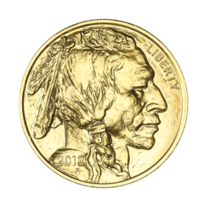 A 1 oz gold coin featuring a profile of a native American man with a feather headdress and the word "liberty" inscribed.