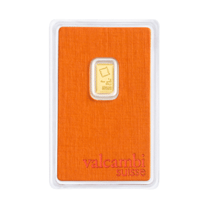 A 1 gram valcambi gold bar sealed in an orange card with a viewing window displaying the gold.