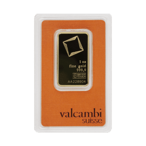 A 1 gram valcambi fine gold bar, 99. 9% purity, in secure packaging with serial number aa228904 visible.
