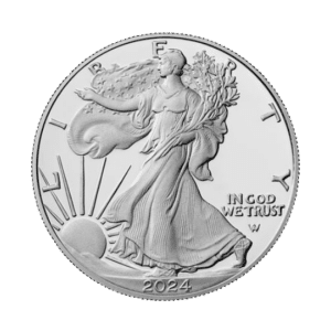 2024 1 oz american silver eagle coin featuring lady liberty holding branches with a sun motif and "in god we trust" inscription.
