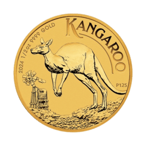 A gold coin depicting a kangaroo and a small windmill, labeled "australian gold kangaroo" with the year 2024 and purity marking "1/2 oz 9999 gold.