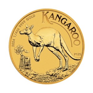 A gold coin featuring a kangaroo and a windmill, inscribed with "australian gold kangaroo," "2024 1/4oz 9999 gold," and "p125.