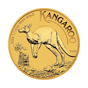 A 2024 australian gold kangaroo coin featuring a kangaroo in a desert landscape, with the word "kangaroo" and the purity "1/10oz 9999 gold" inscribed.