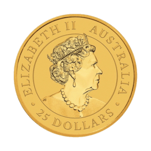 A 2022 $25 Australian Gold Kangaroo Coin featuring a profile of Queen Elizabeth II and weighing 1/4 oz.