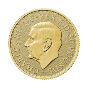 Golden coin featuring a profile of a man with inscriptions around the edge, denoted as a 2024 Great Britain Gold Britannia.