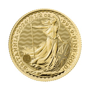 A 2024 gold britannia coin featuring an embossed image of britannia standing with a trident and shield, surrounded by the text "1/2 oz 999. 9 fine gold britannia 2024.