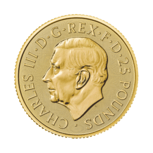 2024 Gold Britannia coin featuring a profile of King Charles III with Latin inscriptions, isolated on a green background.