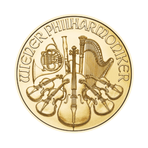 Gold coin featuring musical instruments including a cello, violins, a harp, and a french horn, with the inscription "austrian philharmonic gold coin.