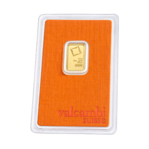 A valcambi suisse branded gold bar, weight 2.5 gram, encased in an orange card with the company's logo at the bottom.