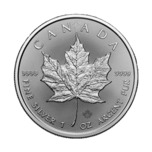 Canadian Silver Maple Leaf coin featuring a detailed maple leaf and the inscriptions "Canada" and "Fine Silver 1 oz Argent Pur.