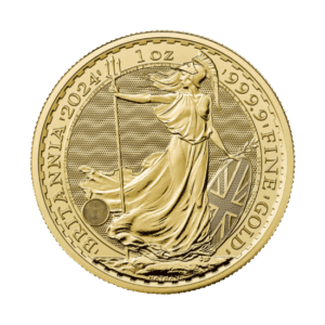 A 1 oz gold britannia coin featuring a figure of britannia holding a trident, with a shield bearing the union jack
